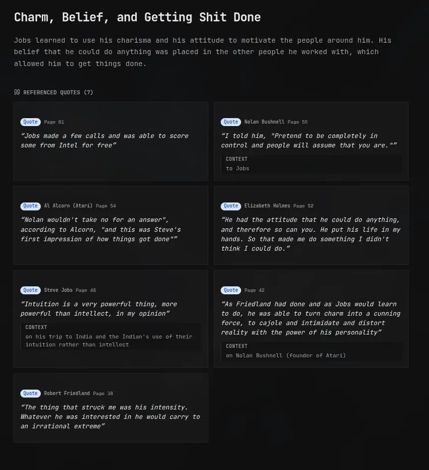 Takeaway example with referenced quotes from the Steve Jobs biography.